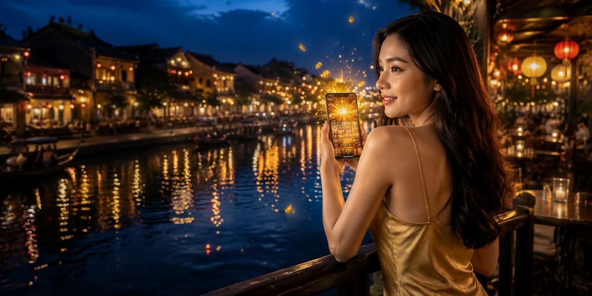 Người dùng Hội An thưởng thức cà phê và khám phá slot game trực tuyến trên điện thoại