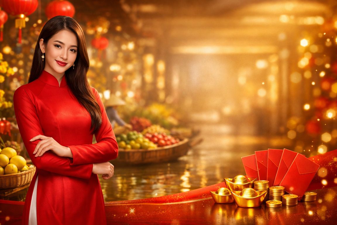 Phụ nữ mặc áo dài tại vùng Mekong nhận thưởng phong bao đỏ trong không khí lễ hội