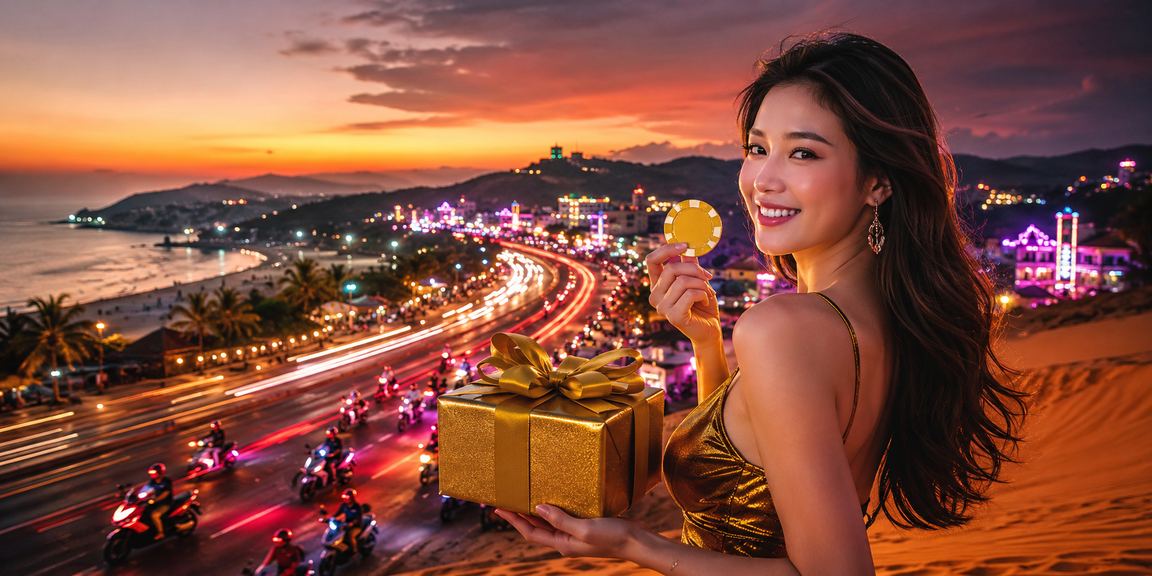 Ánh đèn neon rực rỡ tại khu vực casino và cá cược Mũi Né về đêm
